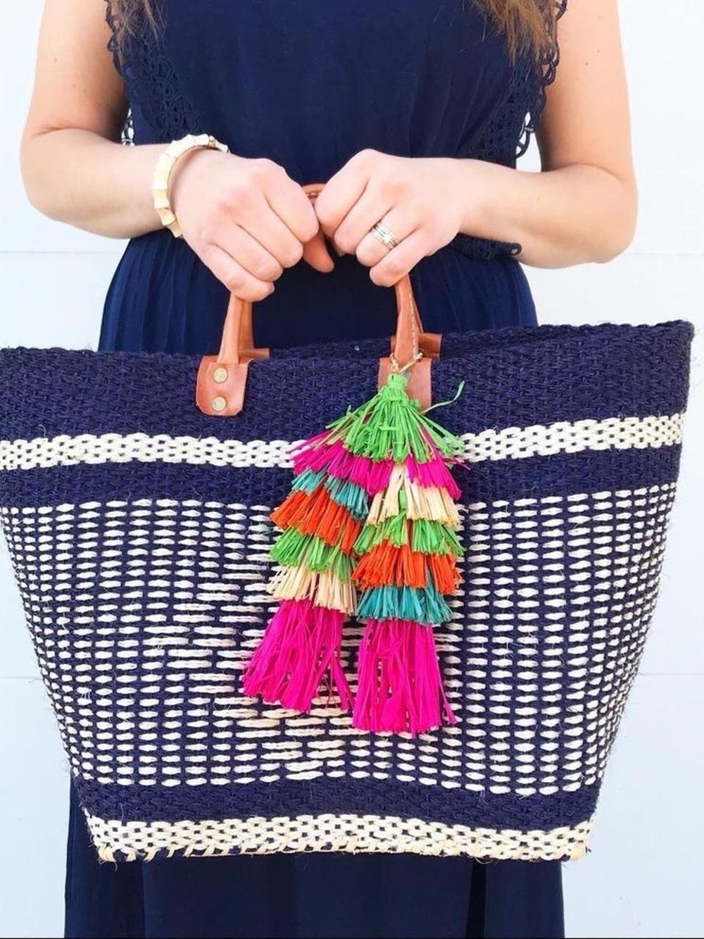 NEW Mar Y Sol Ibiza Woven Raffia Tote Blue Beige Large with Tassel